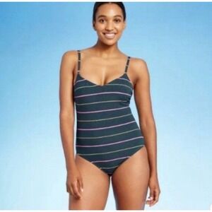 Kona Sol Womens One Piece Swimsuit Blue Pink Striped Lined Padded Size Small